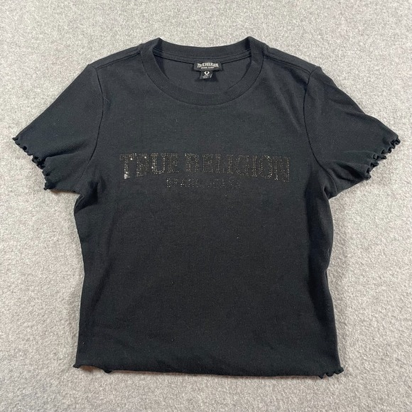 True Religion Lettuce Rib Baby Shirt Womens Small Black Y2K Bling - Picture 1 of 7